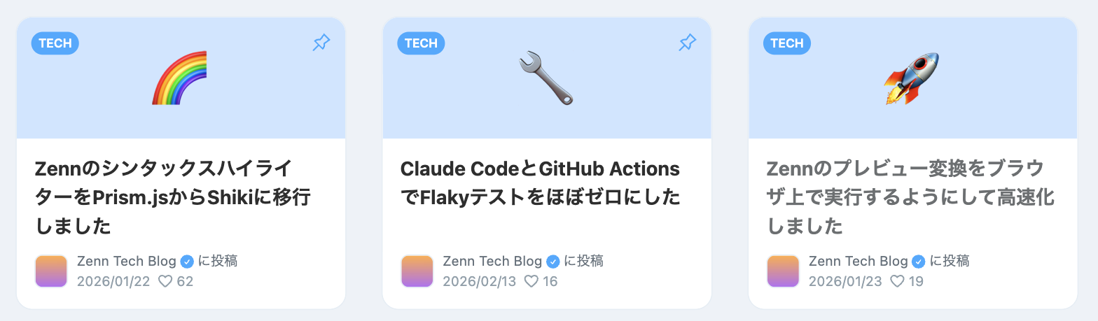 ピン留めした記事がプロフィールの記事一覧の先頭に表示されている様子