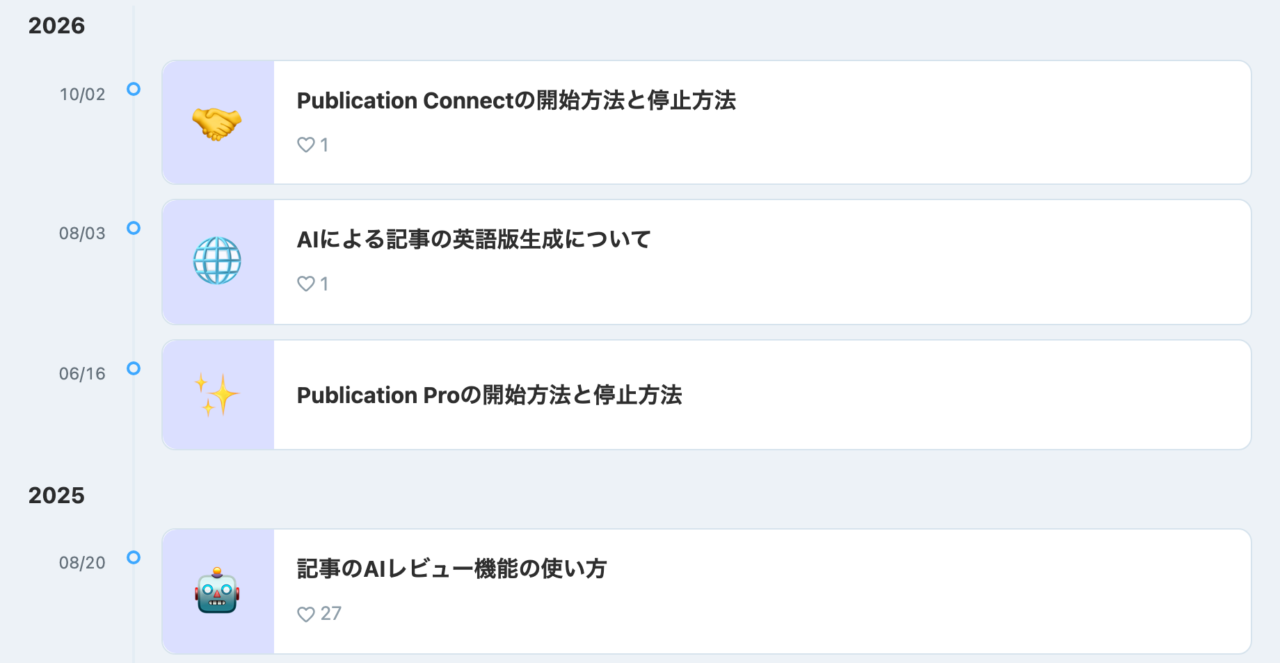 Timelineで、2026年と2025年に公開した記事が年ごとに新しい順に並んでいる様子