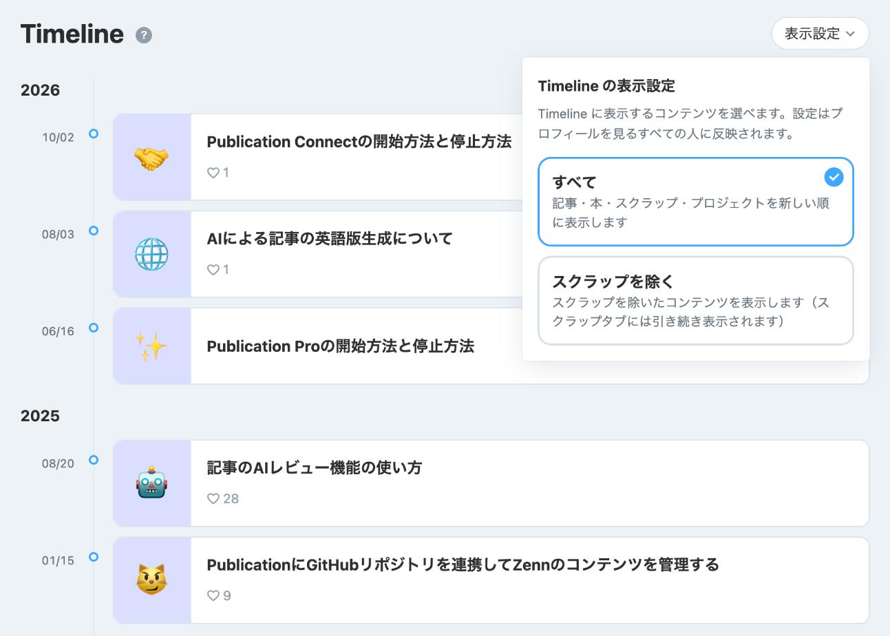 Timelineの表示設定のパネル。「すべて」「スクラップを除く」の2つの選択肢が並んでいる